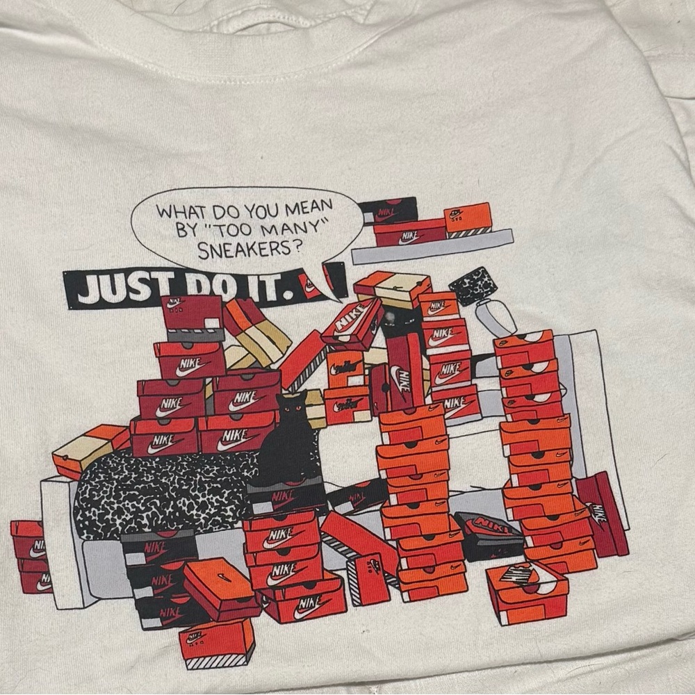Nike White Tee with Orange and Red Sneaker Box Graphic